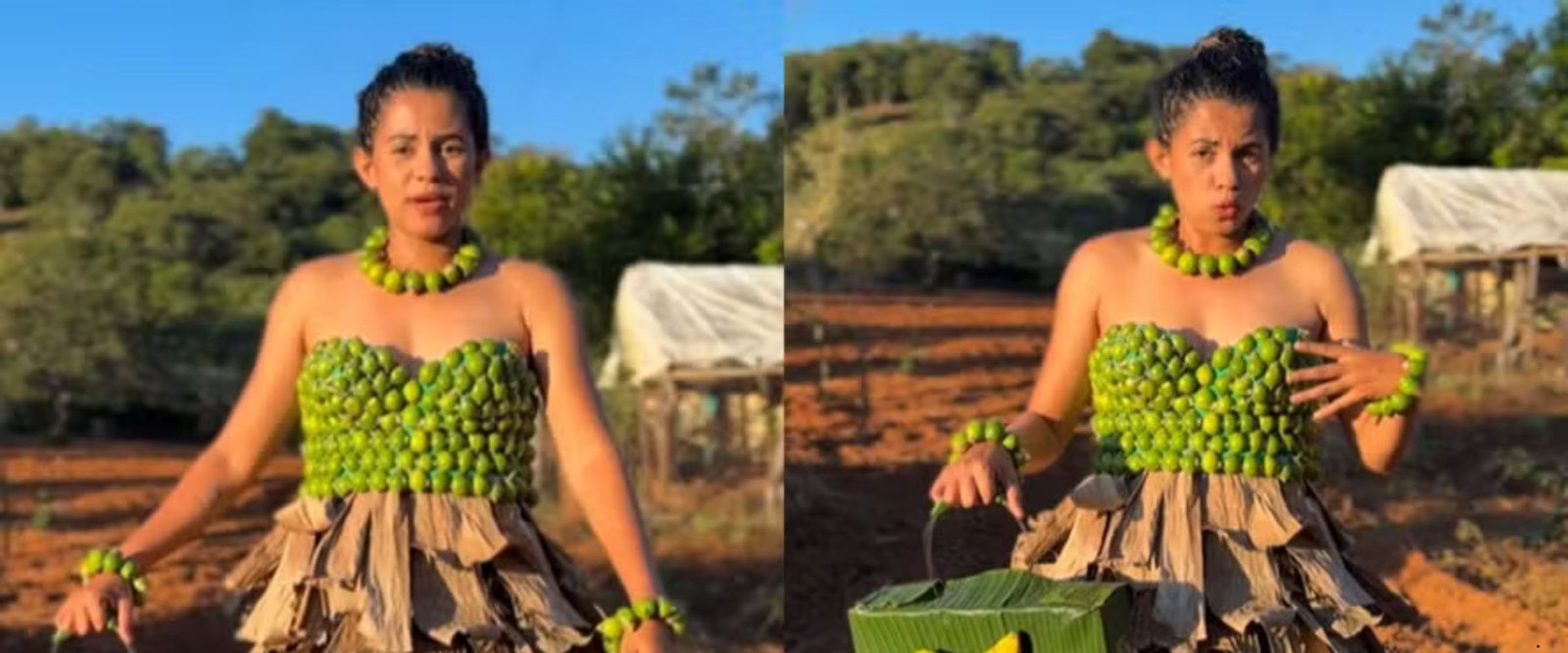 Da fazenda para o feed: influenciadora viraliza ao transformar tucum e palha de bananeira em alta-costura brasileira